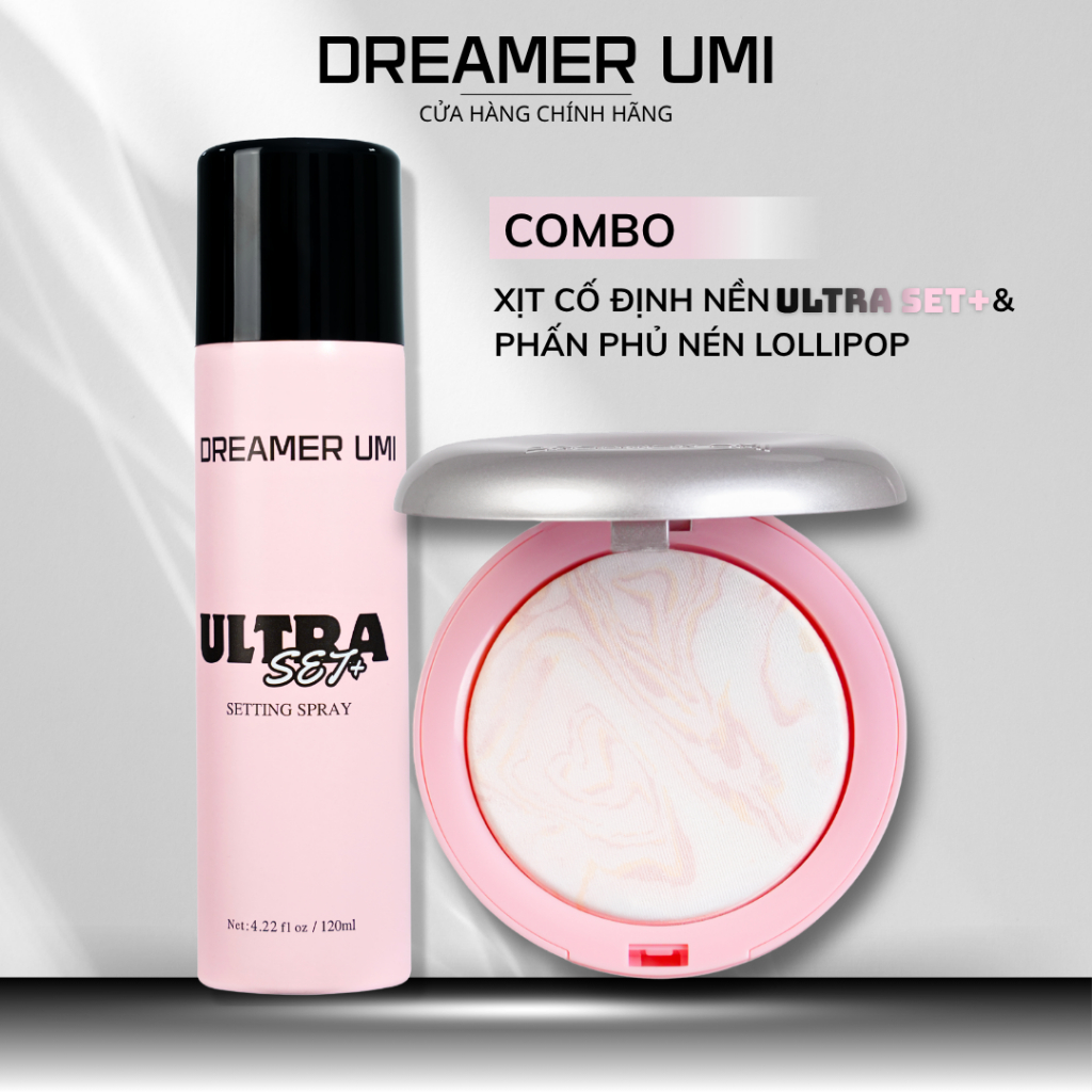 COMBO Xịt Khóa Nền DREAMER UMI ULTRA SET+ Setting Spray + Phấn Phủ Nén LOLLIPOP FINISH Illuminating 