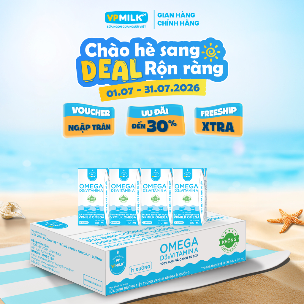 Sữa Dinh Dưỡng Tiệt Trùng VPMilk Omega ÍT ĐƯỜNG dạng HỘP 110ml (thùng 48 hộp)