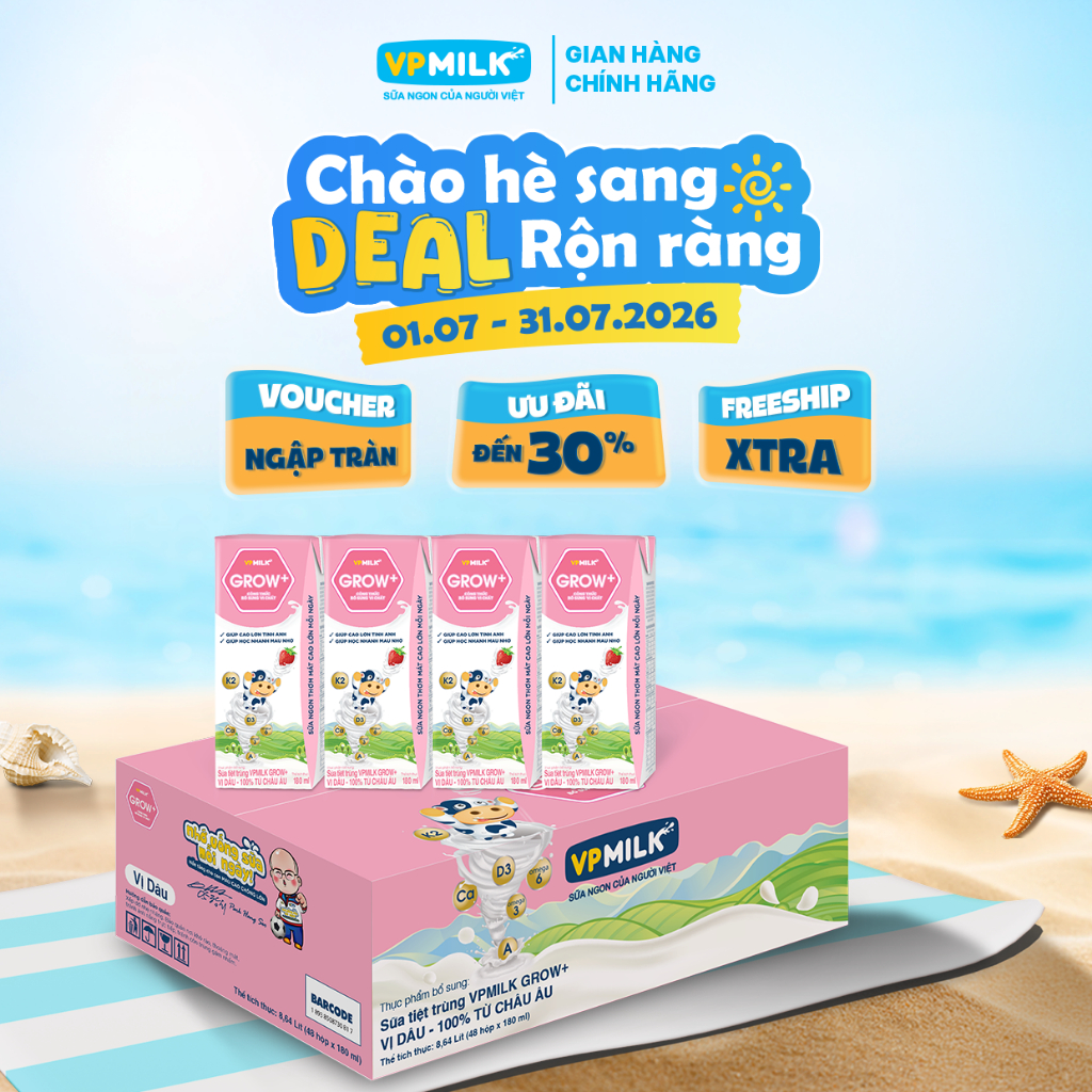 Sữa tiệt trùng VPMilk Grow+ vị dâu 180ml (thùng 48 hộp)