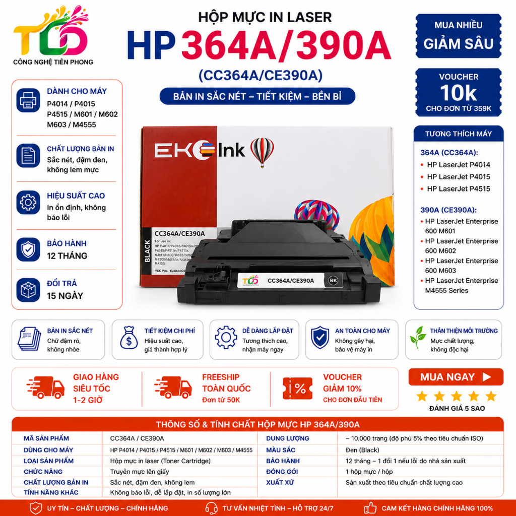 HỘP MỰC 364A - 390A (CC364A/CE390A) | BẢN IN SẮC NÉT - HIỆU SUẤT CAO - BẢO HÀNH 12 THÁNG