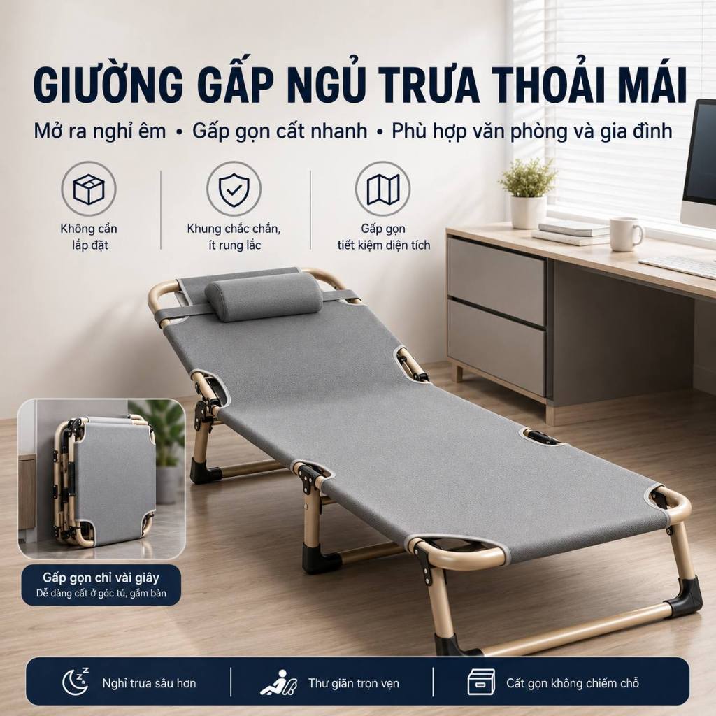 Giường Xếp Gấp Gọn Cho Phòng Nhỏ Giường Ngủ Trưa 1 Người Khung Ống Tròn Chắc Chắn Vải Oxford 600D | BigBuy360 - bigbuy360.vn