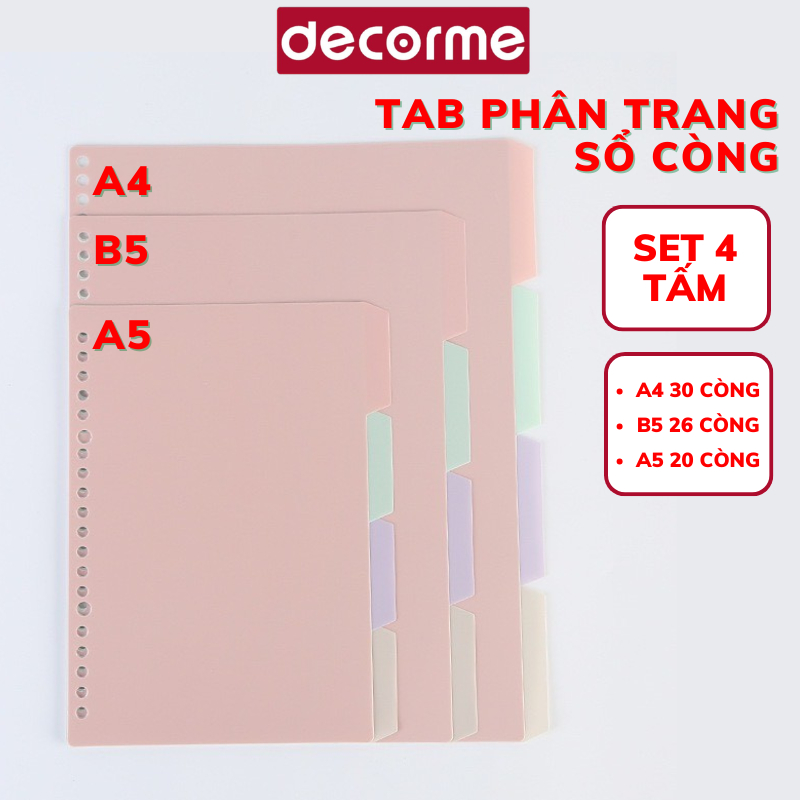 Tab phân trang Decorme set 4 tấm tab chia trang 4 màu pastel A5 B5 A4 20 26 30 lỗ bìa phân trang sổ 