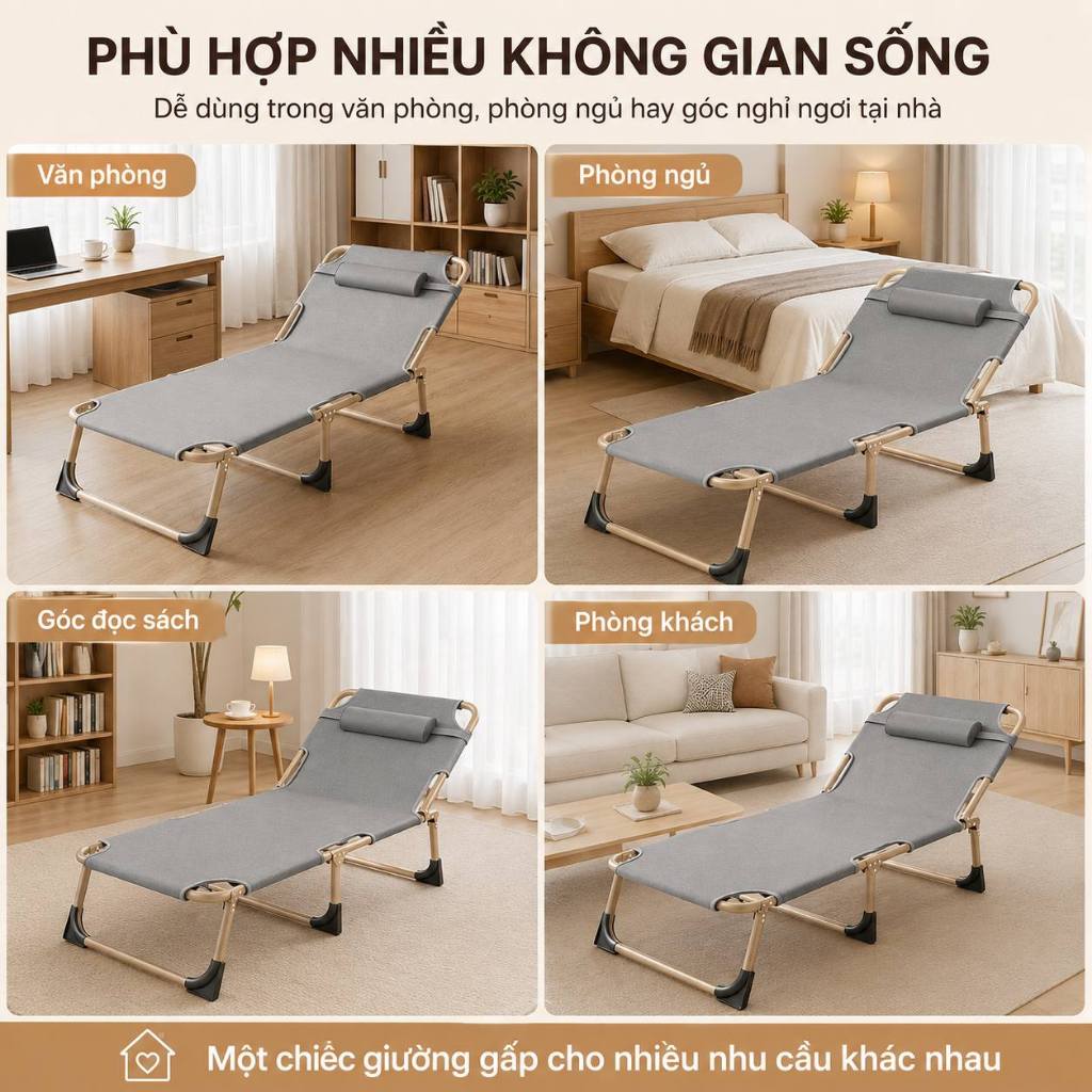 Giường Xếp Gấp Gọn Cho Phòng Nhỏ Giường Ngủ Trưa 1 Người Khung Ống Tròn Chắc Chắn Vải Oxford 600D | BigBuy360 - bigbuy360.vn