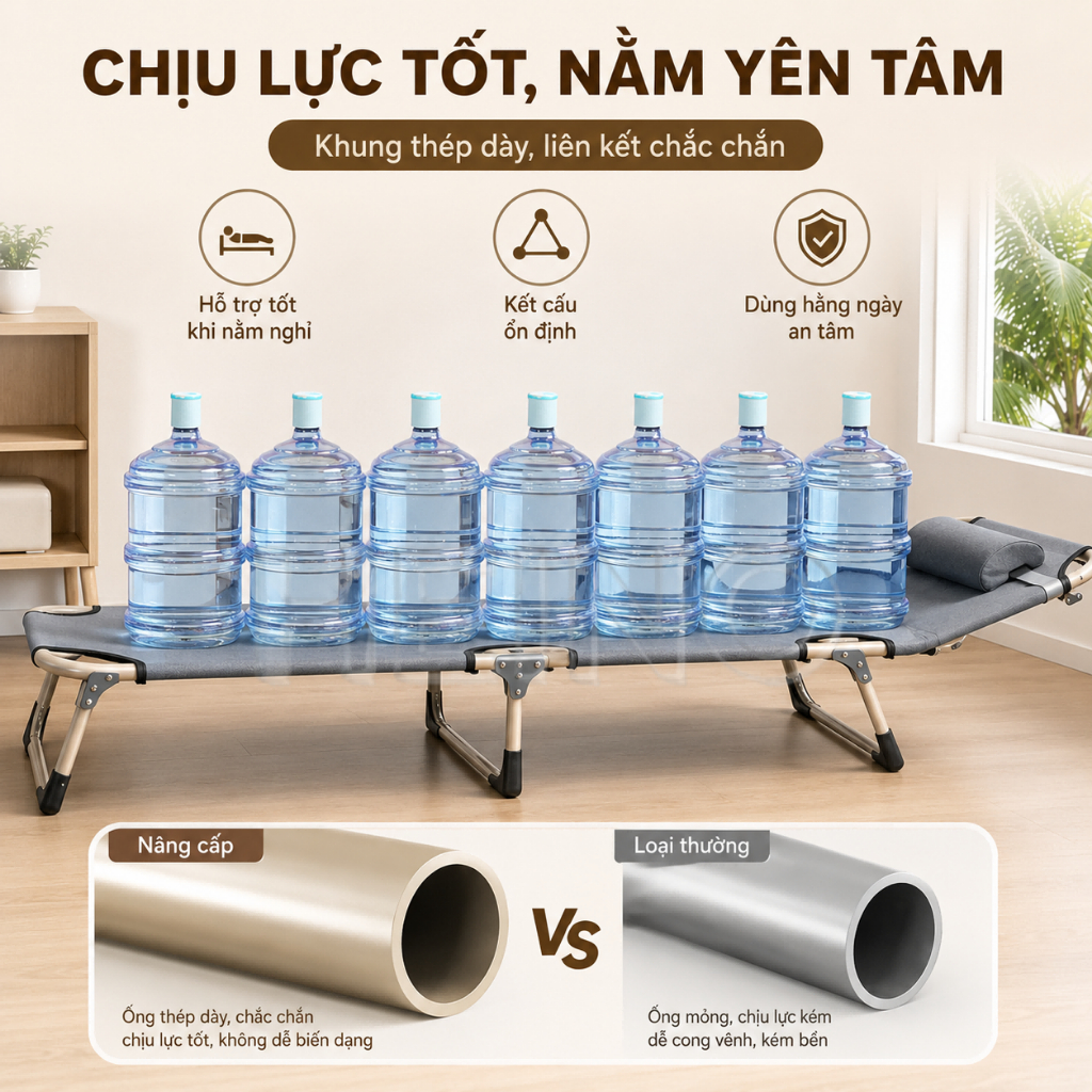Giường Xếp Gấp Gọn Cho Phòng Nhỏ Giường Ngủ Trưa 1 Người Khung Ống Tròn Chắc Chắn Vải Oxford 600D | BigBuy360 - bigbuy360.vn