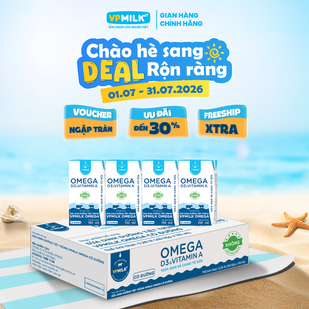 Sữa Dinh Dưỡng Tiệt Trùng VPMilk Omega Có Đường dạng HỘP 110ml (thùng 48 hộp)