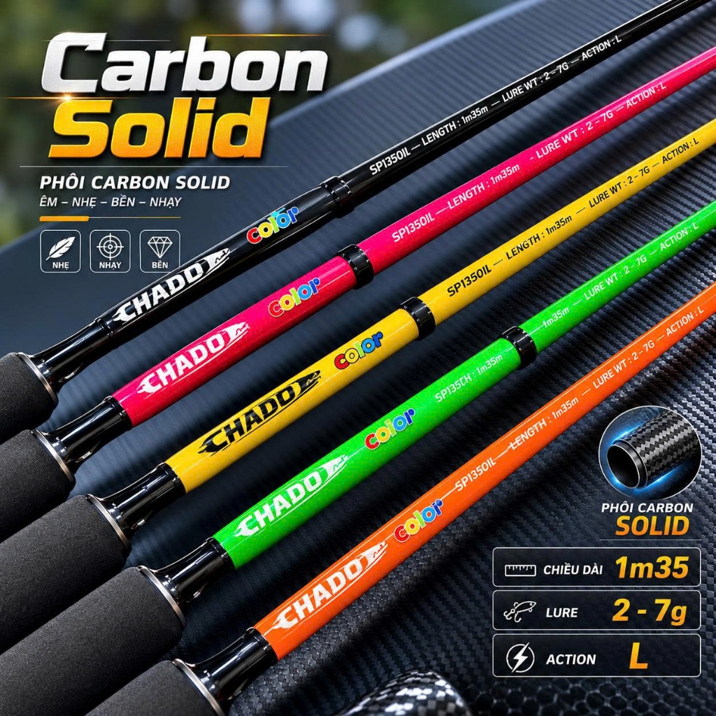 Cần Chado Color 1M35 1 khúc Carbon Solid chuyên câu bè , câu ngâm , câu tôm, Câu Sông 1m35 Dẻo Khỏe