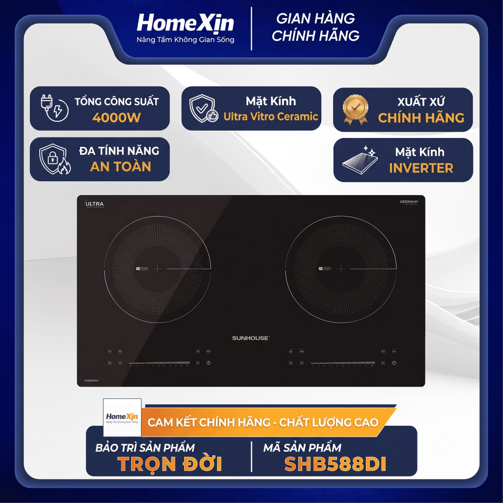 Bếp Đôi Điện Từ Sunhouse SHB588DI 4000W - Bếp Từ Âm 2 Vùng Nấu, Mặt Kính Ultra Vitro Ceramic, Booste
