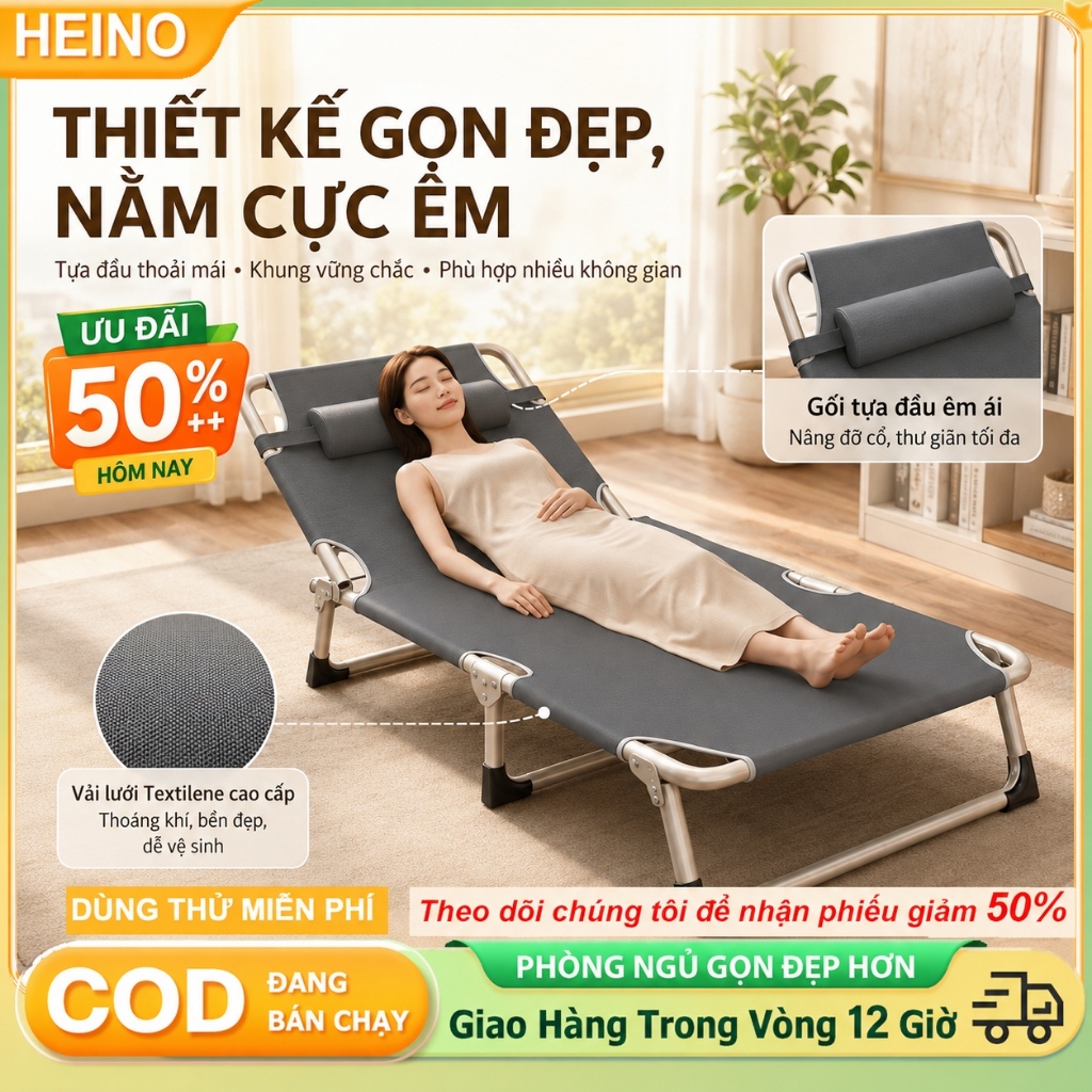 Giường Xếp Gấp Gọn Cho Phòng Nhỏ Giường Ngủ Trưa 1 Người Khung Ống Tròn Chắc Chắn Vải Oxford 600D