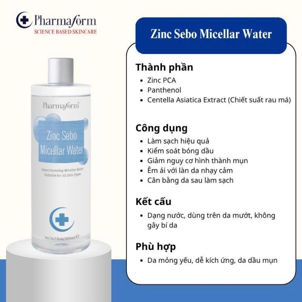 Ảnh 2 của Nước tẩy trang Pharmaform Zinc Sebo Micellar Water dành cho da dầu, da mụn.