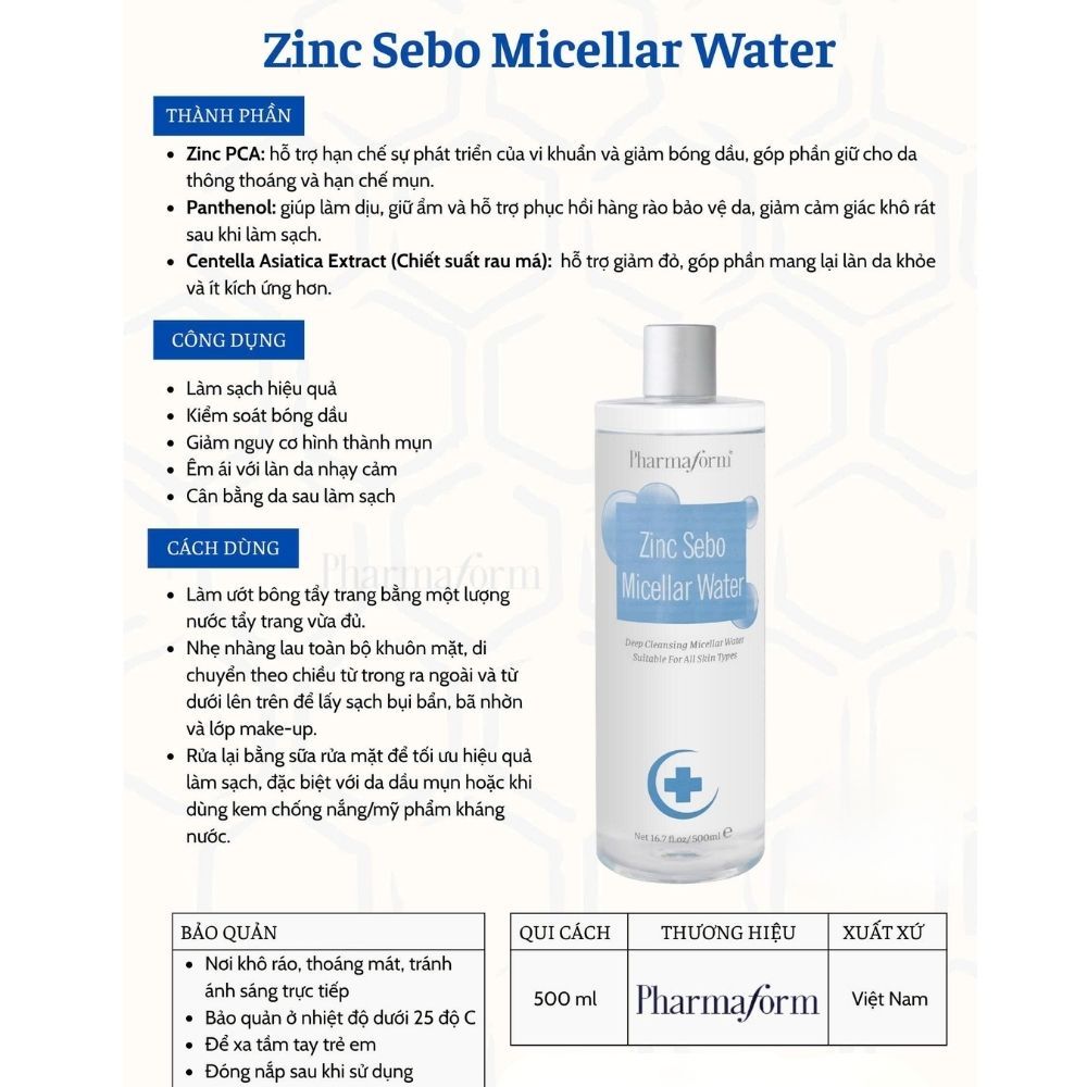 Ảnh 3 của Nước tẩy trang Pharmaform Zinc Sebo Micellar Water dành cho da dầu, da mụn.