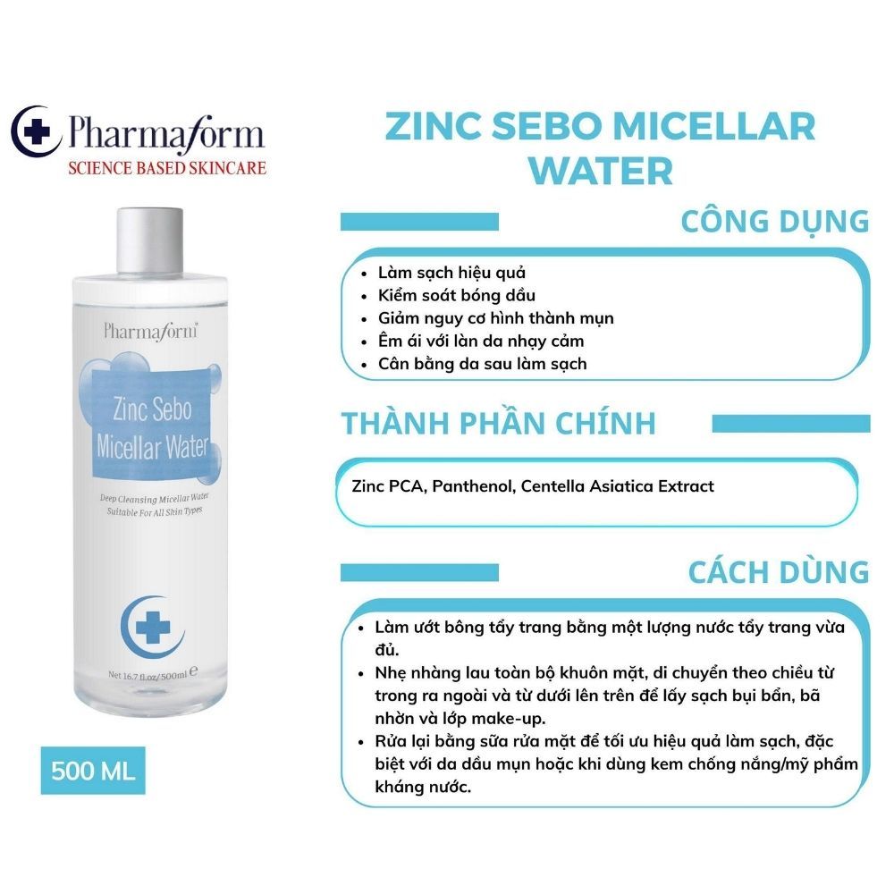 Ảnh 4 của Nước tẩy trang Pharmaform Zinc Sebo Micellar Water dành cho da dầu, da mụn.