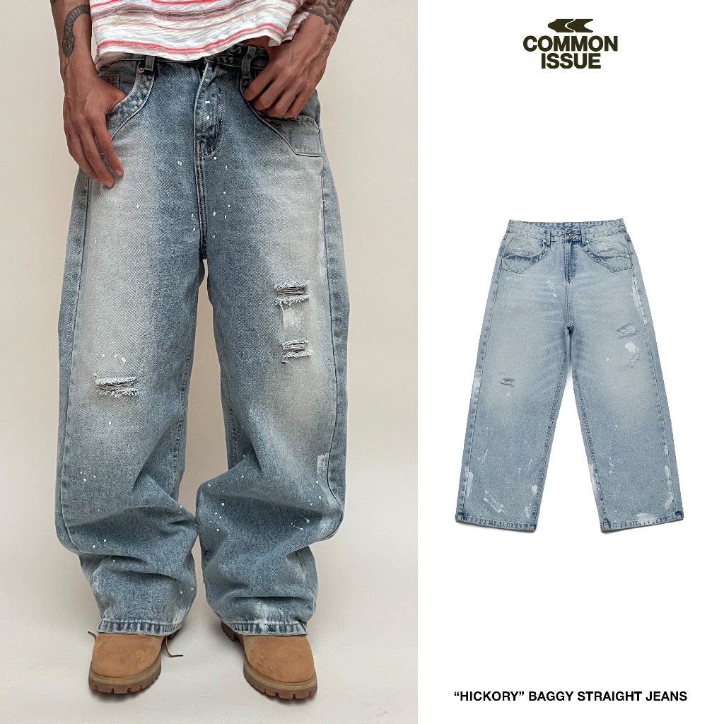 Quần Jeans Wash Dài Unisex Form Baggy Straight "HICKORY” Premium Denim Họa Tiết Vẩy Sơn Thủ Công | Common Issue