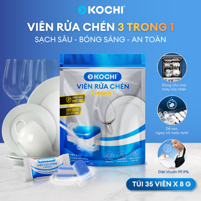 Viên rửa chén bát sinh học KOCHI 3-in-1 - Túi 35 viên nén 8g - Diệt khuẩn 99.9% - An toàn - Sạch Sâu - Sáng bóng - Kochi