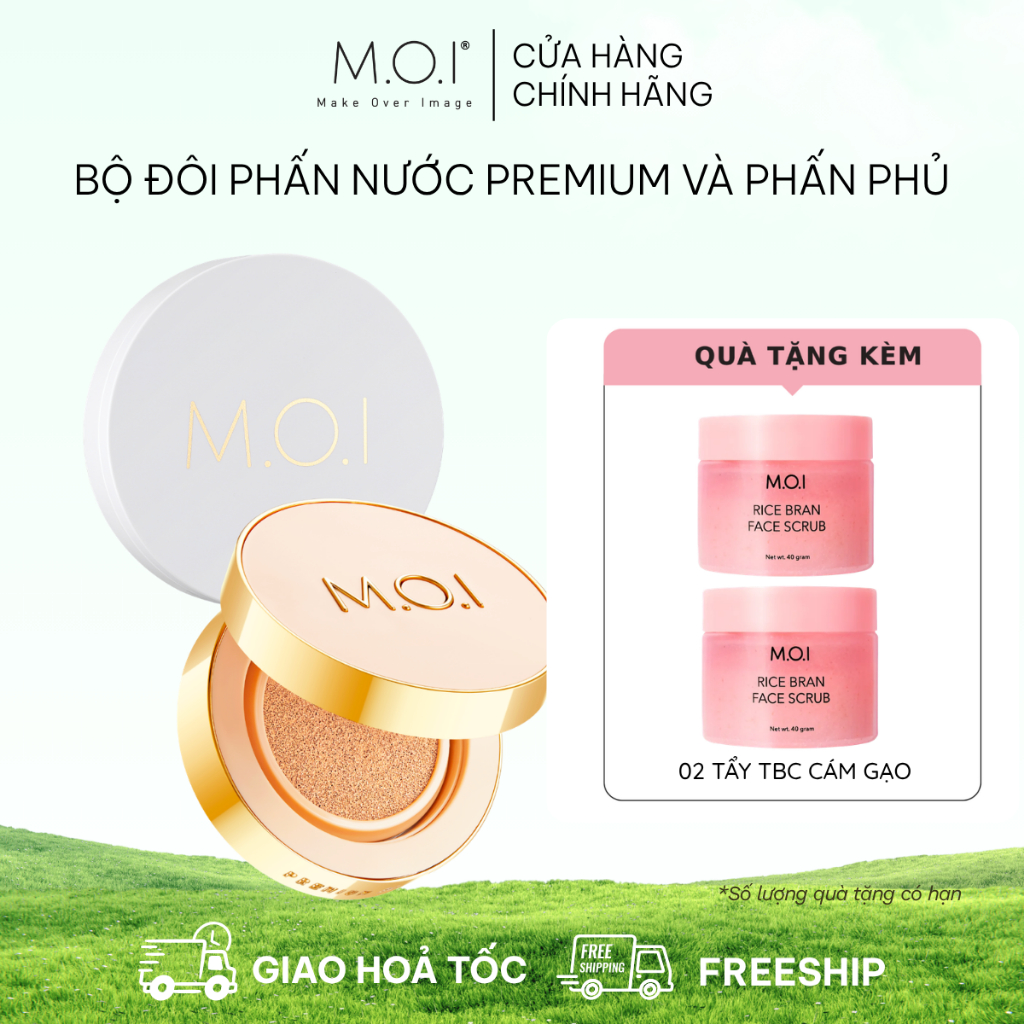 (TẶNG KÈM QUÀ) Combo phấn nước M.O.I Premium Baby Skin Cushion và phấn phủ kiềm dầu M.O.I Baby Skin