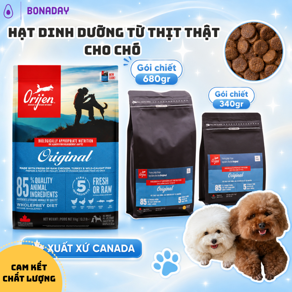 HẠT DINH DƯỠNG CHO CHÓ ORIJEN ORIGINAL, BONADAY PETS, từ thịt và cá tươi, không ngũ cốc, cho mọi độ 