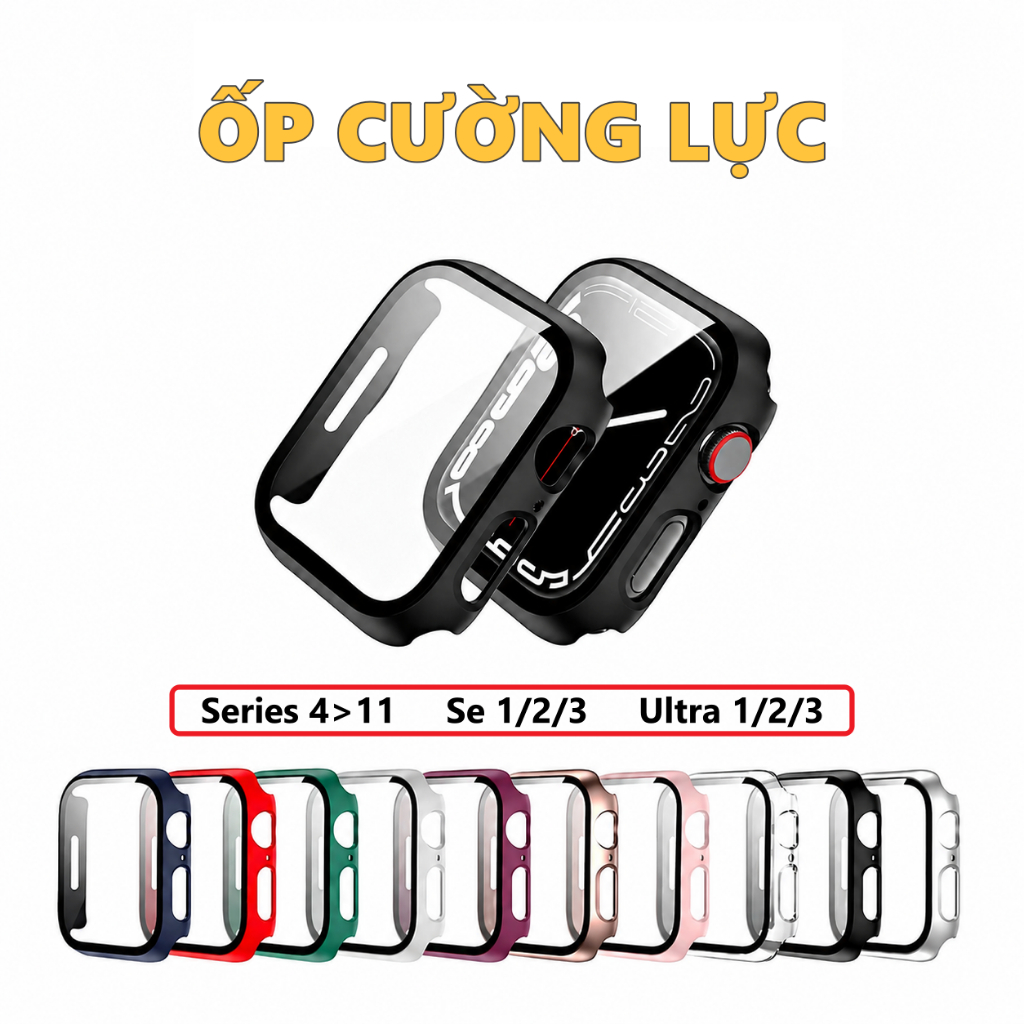 Ốp cường lực cho Apple Watch Series 4>11, SE 1/2/3, Ultra 1/2/3 - Ốp viền kèm kính bảo vệ toàn diện