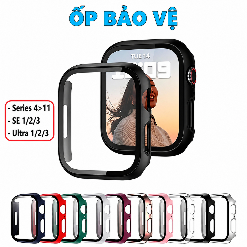 Ốp bảo vệ cho Apple Watch Series 4>11, Ultra 1/2/3, SE 1/2/3 - Ốp viền kèm kính cường lực chắc chắn