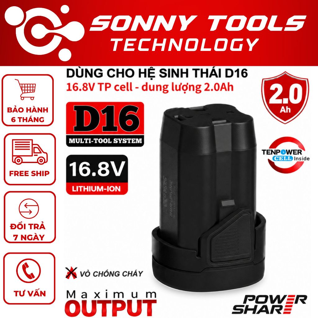 Pin 4 Cell DEKTON D16-B2000TP 16.8V 2.0Ah Vỏ Chống Cháy Màu Đen, Cell TP Cho Máy Pin D16