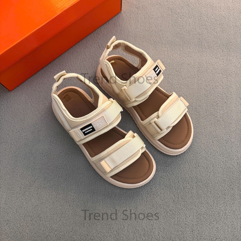 Dép Sandal Học Sinh Nữ Màu Kem Đế Cao 4cm Quai Da Phối Dù Thời Trang Hàn Quốc Hs04