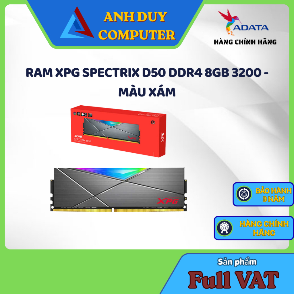 RAM ADATA XPG SPECTRIX D50 DDR4 8GB 3200 Màu Xám Chính Hãng Full Vat