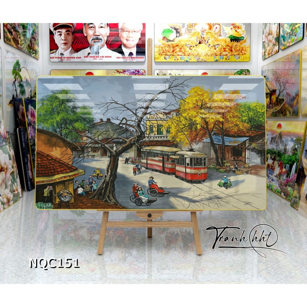 Tranh Hà Nội Sài Gòn Việt Nam treo tường, tranh trang trí phong cảnh mùa thu Hà Nội tráng gương NQC1