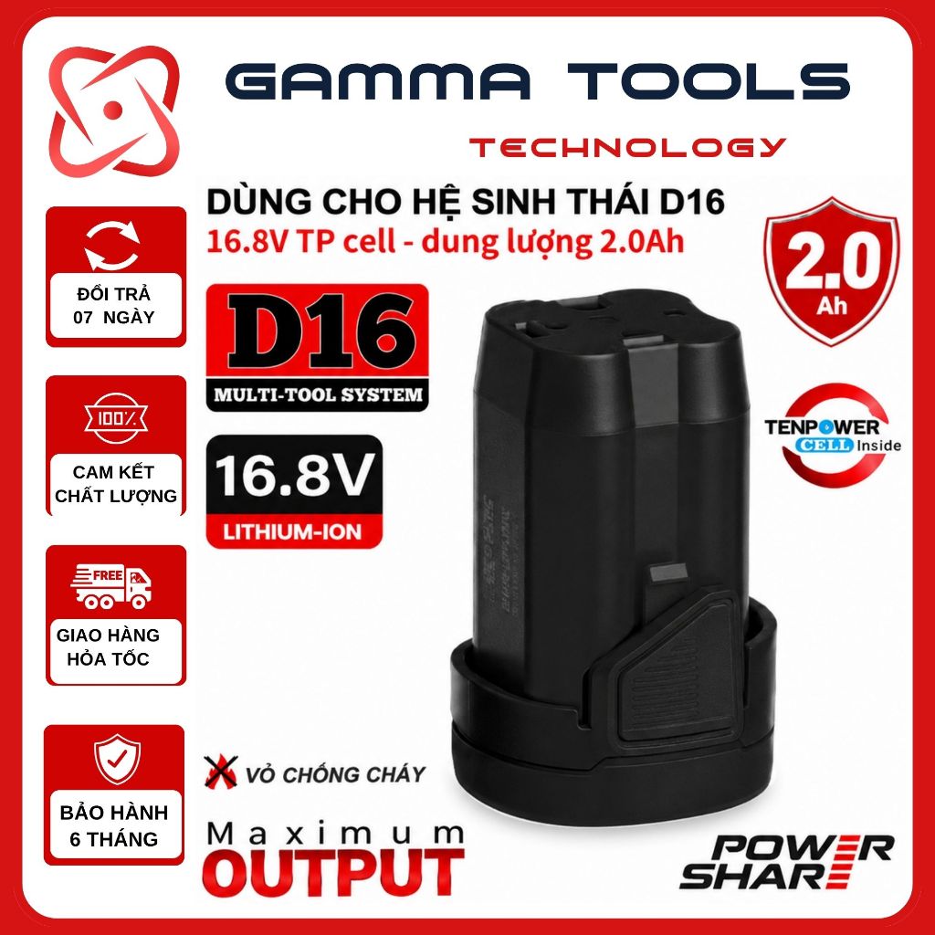 Pin 4 Cell DEKTON D16-B2000TP 16.8V 2.0Ah Vỏ Chống Cháy Màu Đen, Cell TP Cho Máy Pin D16