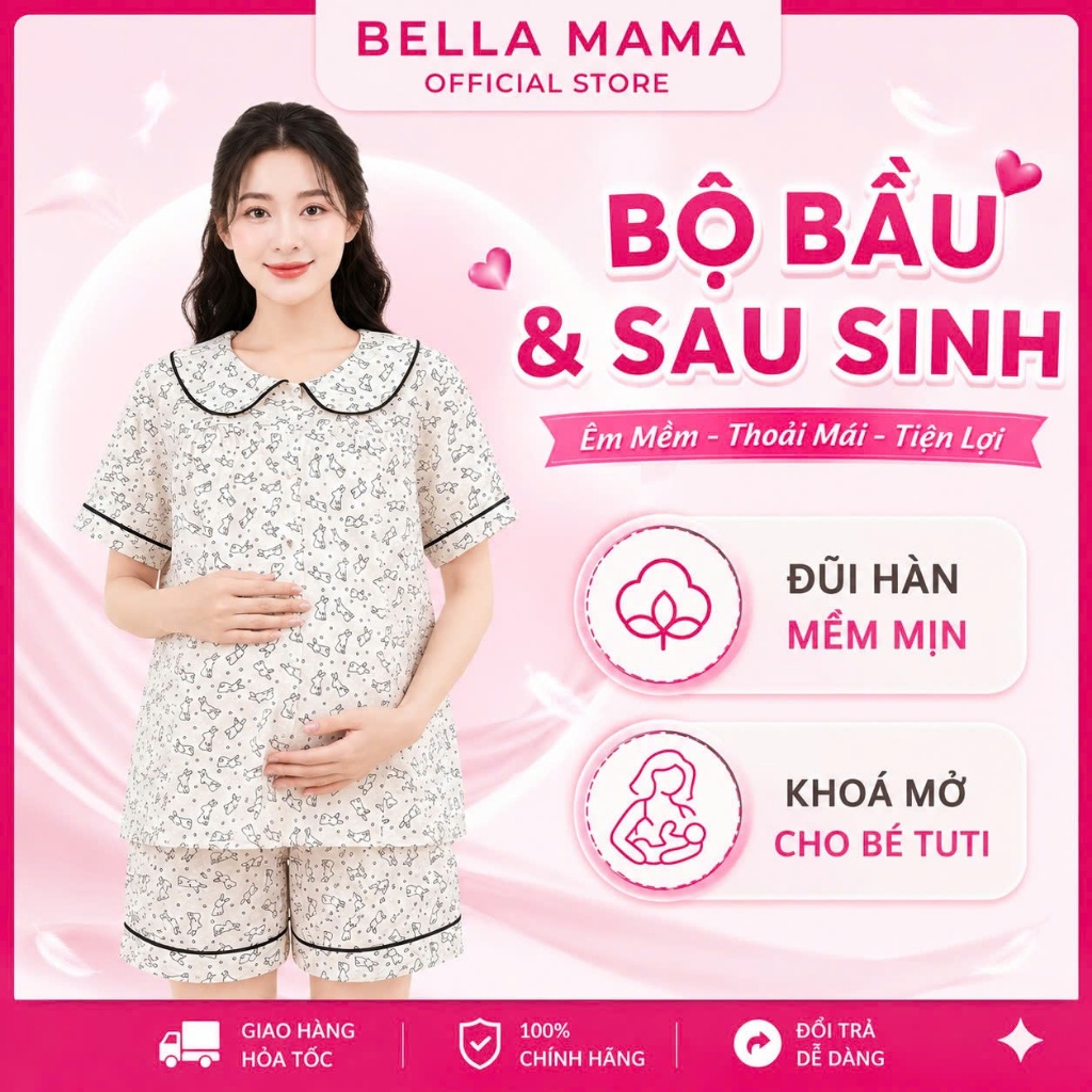 Bộ Bầu Mặc Nhà Bella Mama Chất Liệu Đũi Hàn Xịn Đồ Bầu và Sau Sinh Khóa Kéo Ngực Chun Chỉnh Bn241