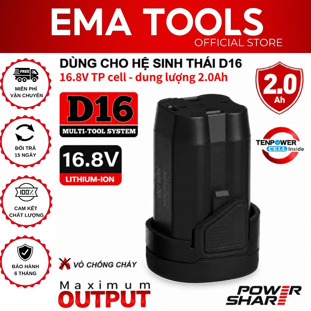 Pin 4 Cell DEKTON D16-B2000TP 16.8V 2.0Ah Vỏ Chống Cháy Màu Đen, Cell TP Cho Máy Pin D16