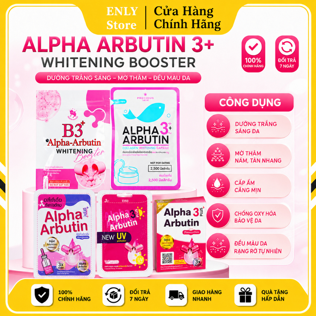 Vỉ 10 Viên Bột Kích Trắng Alpha 3 Plus Arbutin Collagen Whitening Capsule Thái Lan