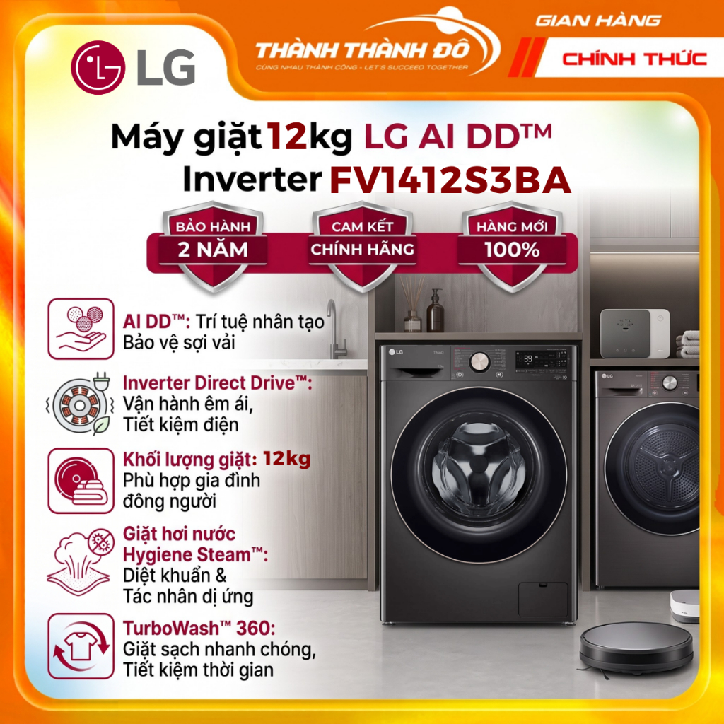 [CHÍNH HÃNG] Máy giặt lồng ngang 12Kg LG AI DD™ Inverter FV1412S3BA - Giặt nhanh trong 39' - Steam™ 