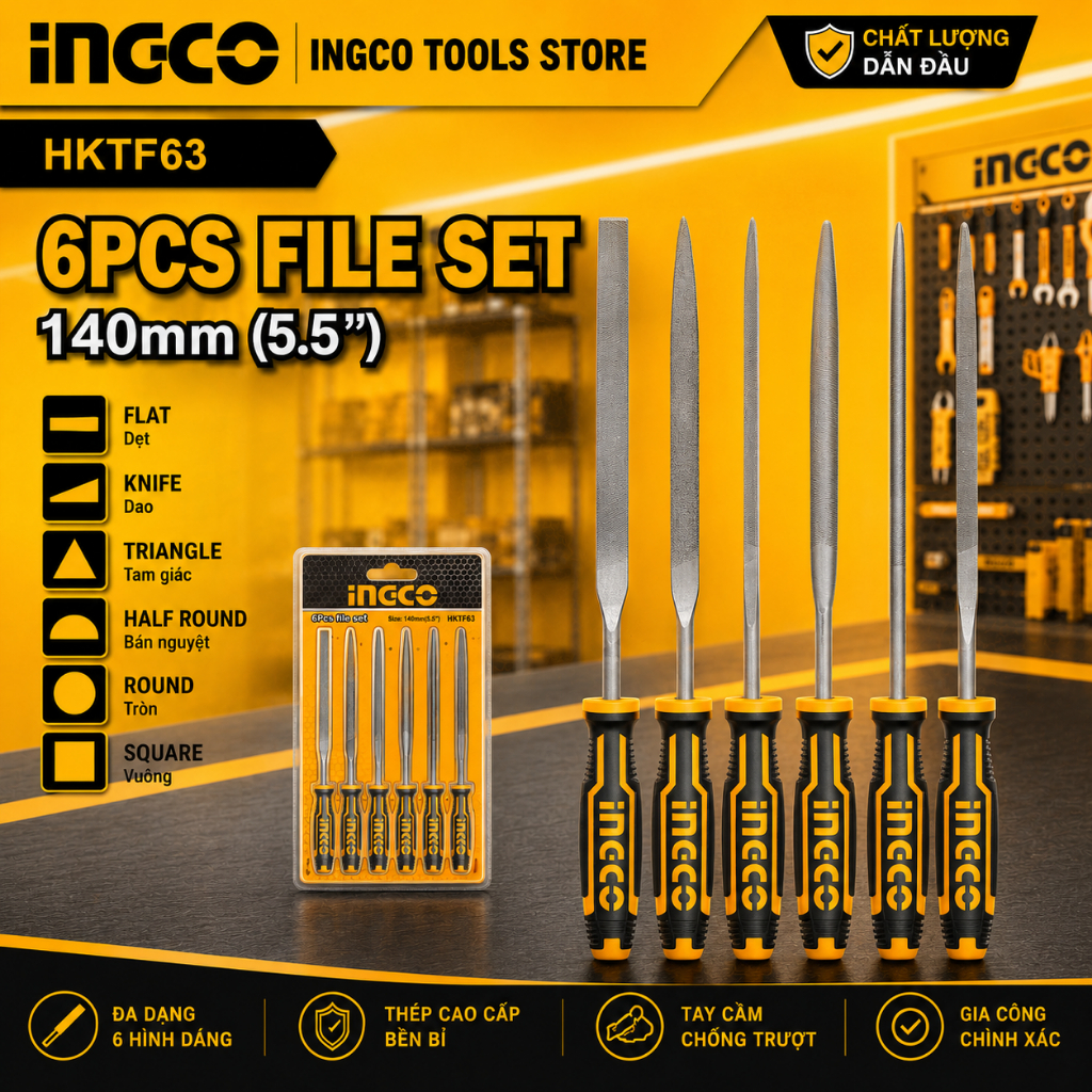 Bộ 6 Giũa Sắt Dài 140mm INGCO HKTF63 | Đa Năng, Gồm Giũa Dẹp, Tròn, Vuông, Tam Giác, Tay Cầm Êm Ái
