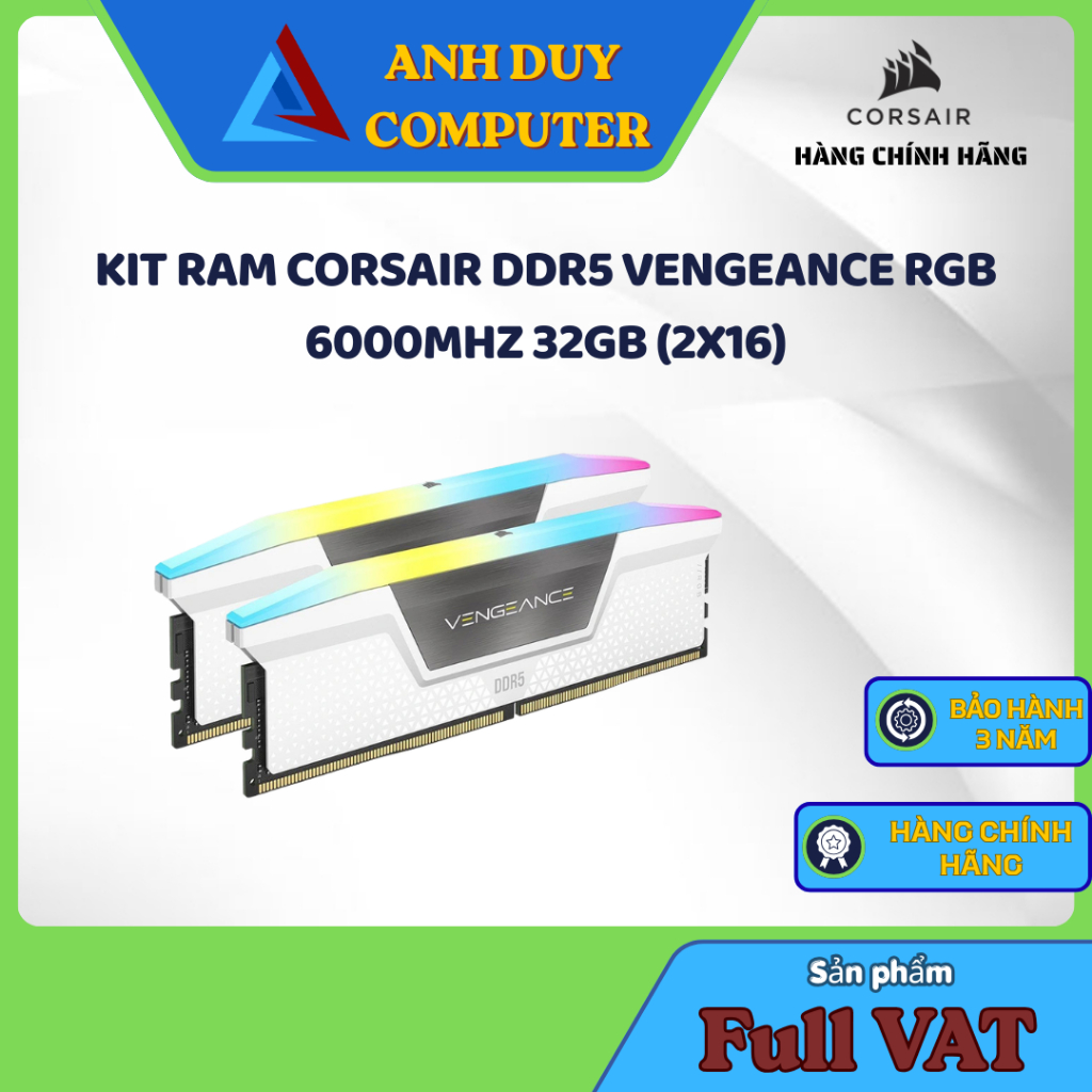 KIT RAM CORSAIR DDR5 VENGEANCE RGB 6000MHZ 32GB (2x16) Màu Trắng Chính Hãng Full Vat