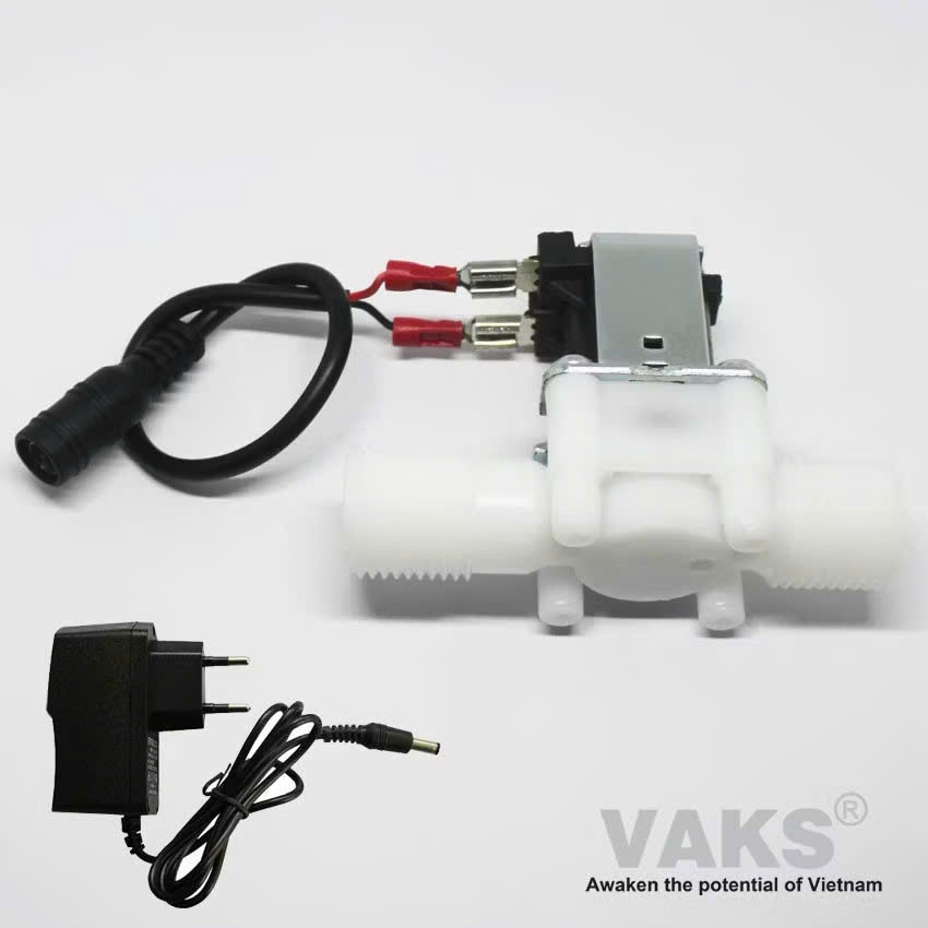 Bộ van điện từ 24V DC ren ống nước 21mm N/C (thường đóng) + kèm adapter 24V DC, 1A: Vcom 21