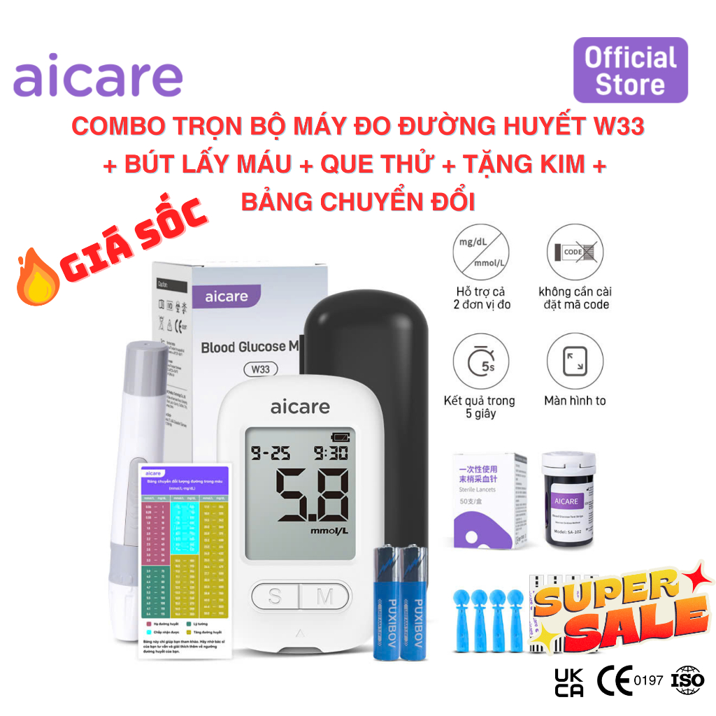 🔥GIÁ SỐC🔥Combo Máy Đo Đường Huyết ACCU Chính Hãng AICARE W33 + Que Thử, Tặng Kim Dễ Sử Dụng Tại Nhà