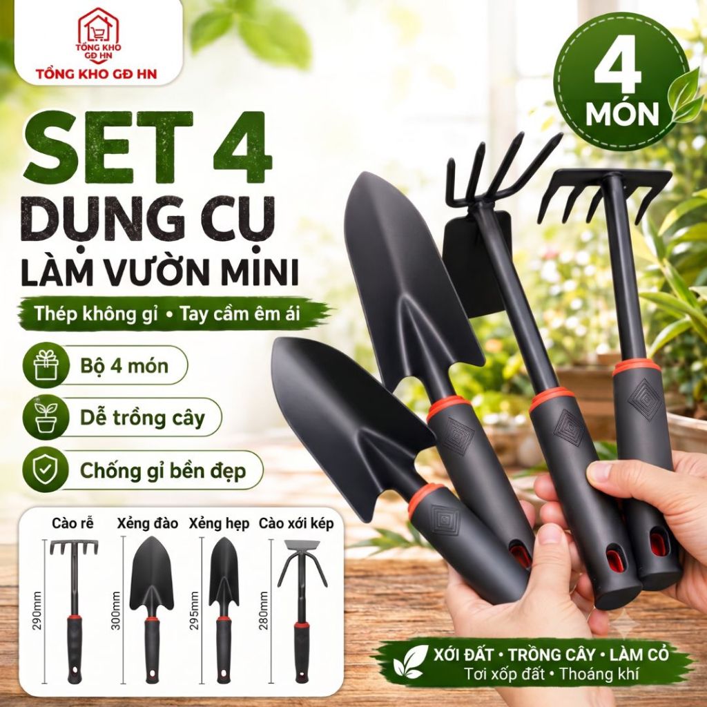 Set 4 dụng cụ làm vườn mini siêu dễ thương, Bộ dụng cụ làm vườn 4 món hỗ trợ trồng cây cảnh, bộ dụng