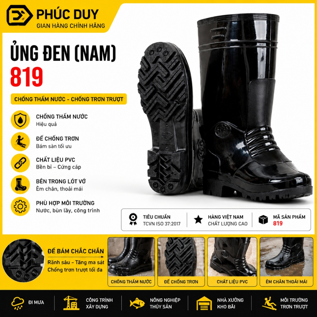 ủng Bảo Hộ Nam 819 PVC Chống Nước Đế Chống Trơn Đi Mưa Công Trình Kho Xưởng