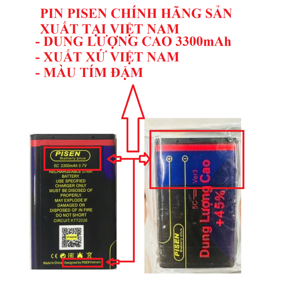 PIN PISEN DUNG LƯỢNG CAO 3300mAh CHÍNH HÃNG TẠI VIỆT NAM,TUỔI THỌ LÂU DÀI, CHỐNG PHÙ, CHÁY NỔ, BH 12