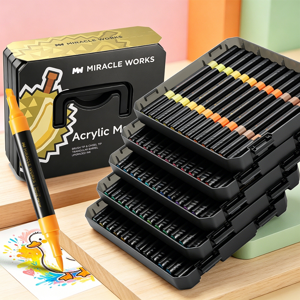 Miracle Works Bút Acrylic Marker Đầu Đôi 120 Màu - Vẽ Trên Nhiều Chất Liệu, Khô Nhanh, Chống Nước, K