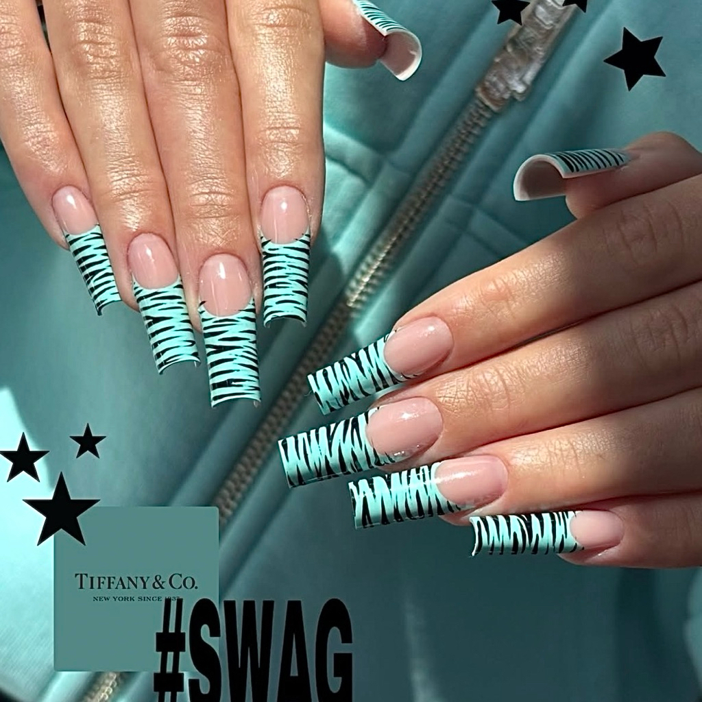 Móng Úp Handmade Xanh Mint Zebra – Press On Nails Cá Tính