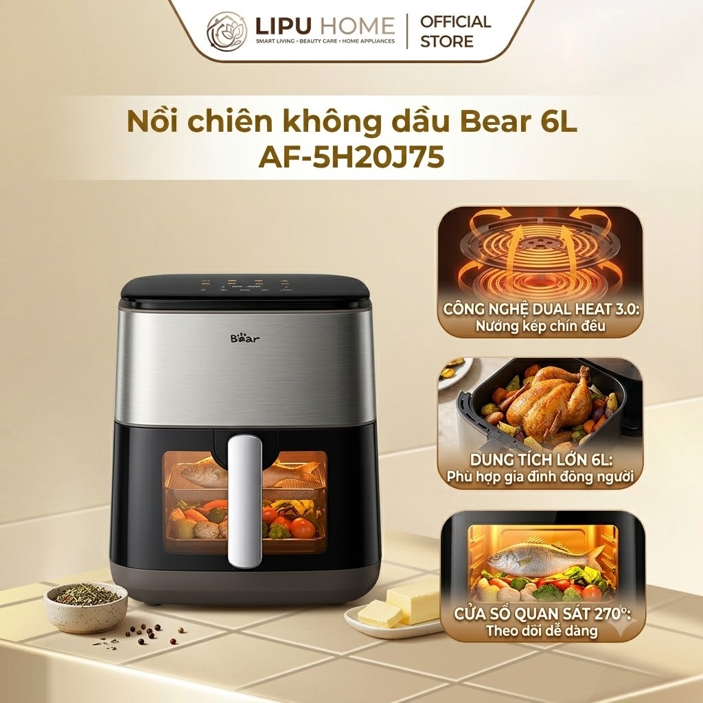 Nồi chiên không dầu Bear 6L AF-5H20J75 - Bản TV - Chính hãng Bảo thanh 18 tháng - 1 đổi 1 30 ngày