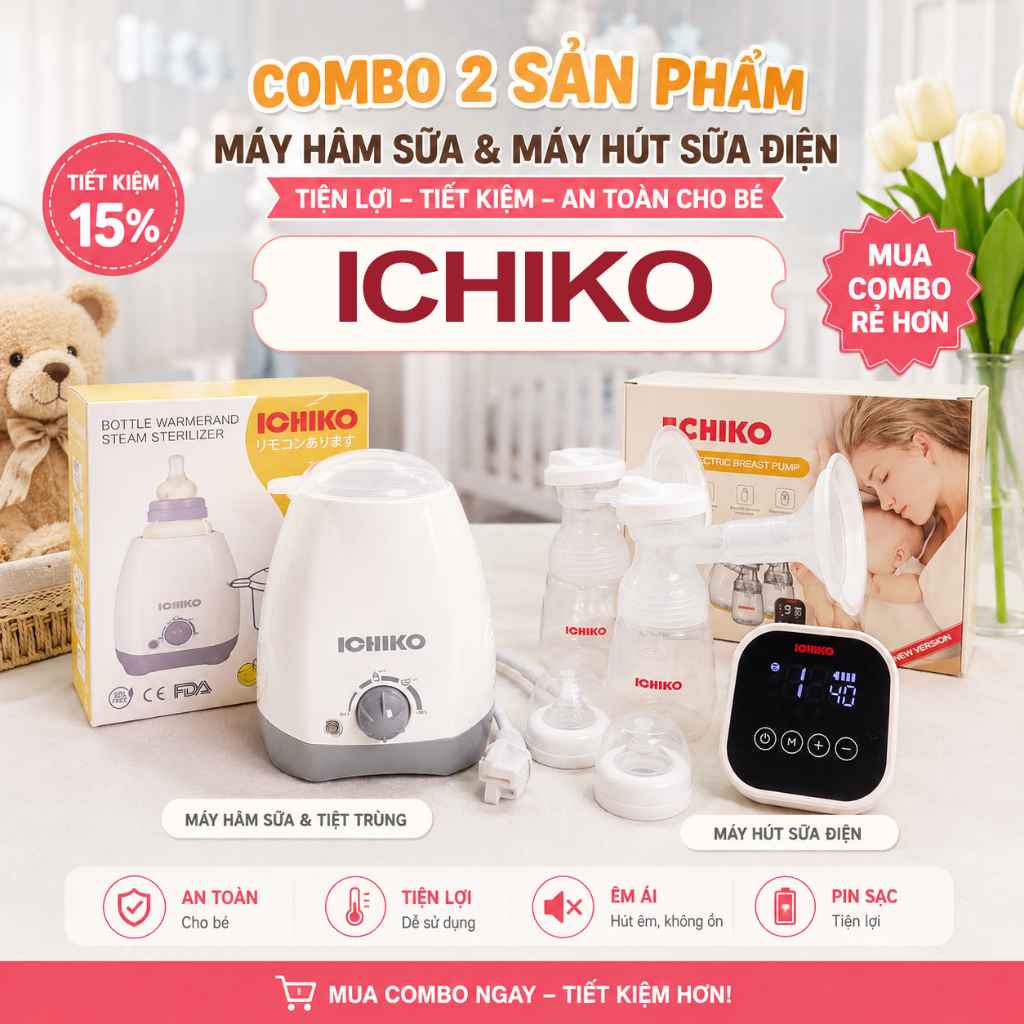 (COMBO TIẾT KIỆM) Máy Hút Sữa Điện Đôi ICHIKO M5 + Máy hâm sữa ICHIKO