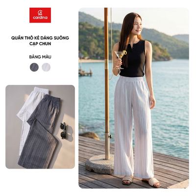 Quần dài nữ CARDINA chất liệu thô kẻ dáng suông cạp chun 6QDT30