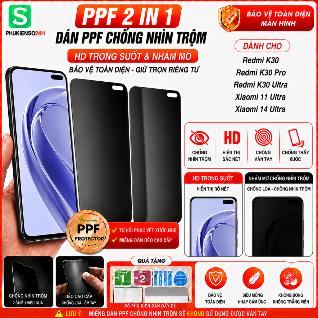 Miếng dán màn hình PPF 2 IN 1 Chống nhìn trộm + Chống vân tay cho Redmi K30 K30 Pro K30 Ultra Xiaom 