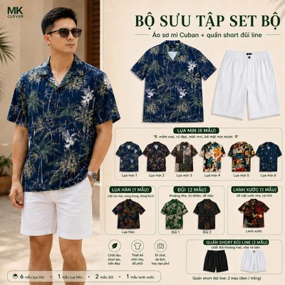 Set bộ đồ Áo Sơ Mi Cuban và Quần Short Đũi Line MK CLEVER Đồ bộ nam Form Thoáng Mát, Set Đồ Nam Trẻ Trung Mùa Hè