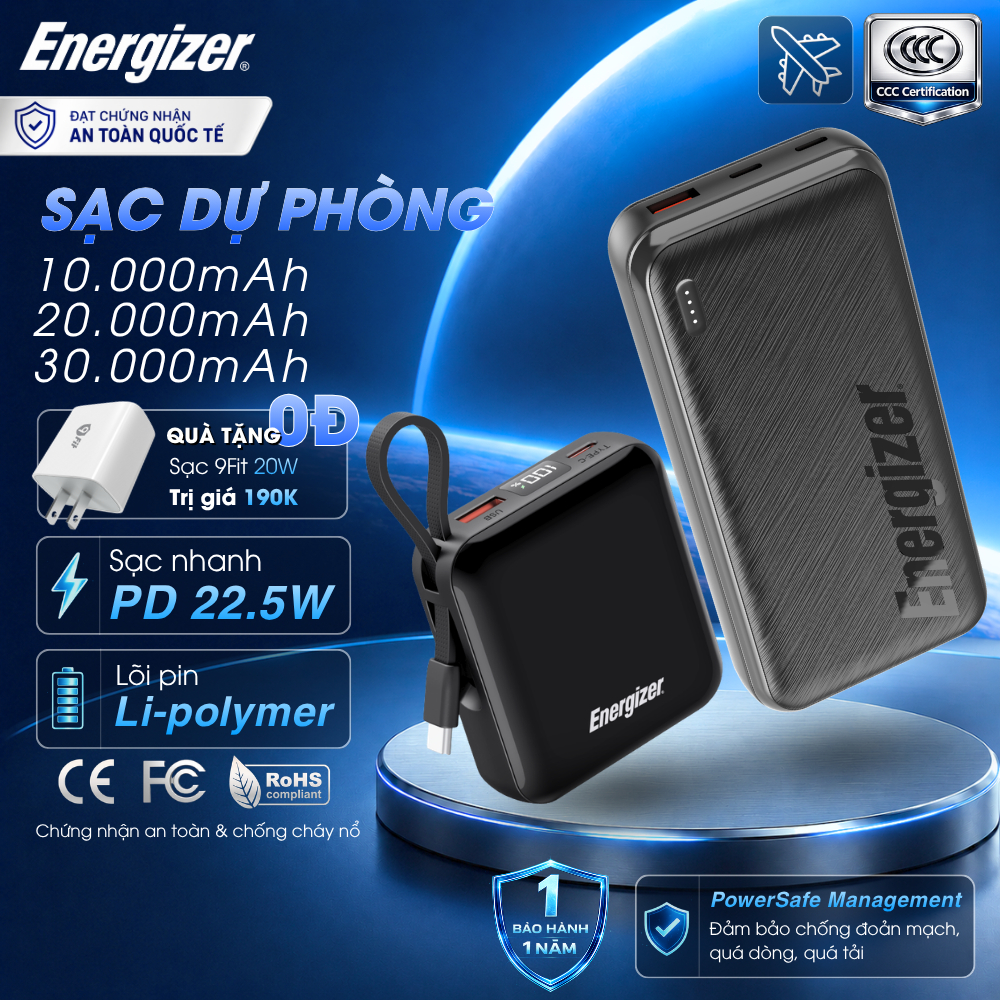 Pin Sạc Dự Phòng Energizer Li-polymer 10000mAh/ 20000mAh/ 30000mAh Sạc Nhanh PD Cho iPhone/ Samsung,