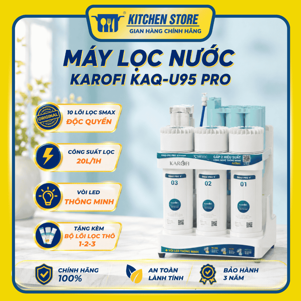 Máy Lọc Nước RO Karofi KAQ-U95 Pro 10 Lõi Hydrogen Chính Hãng - Gầm AioTec Kết Nối App Kitchen Store