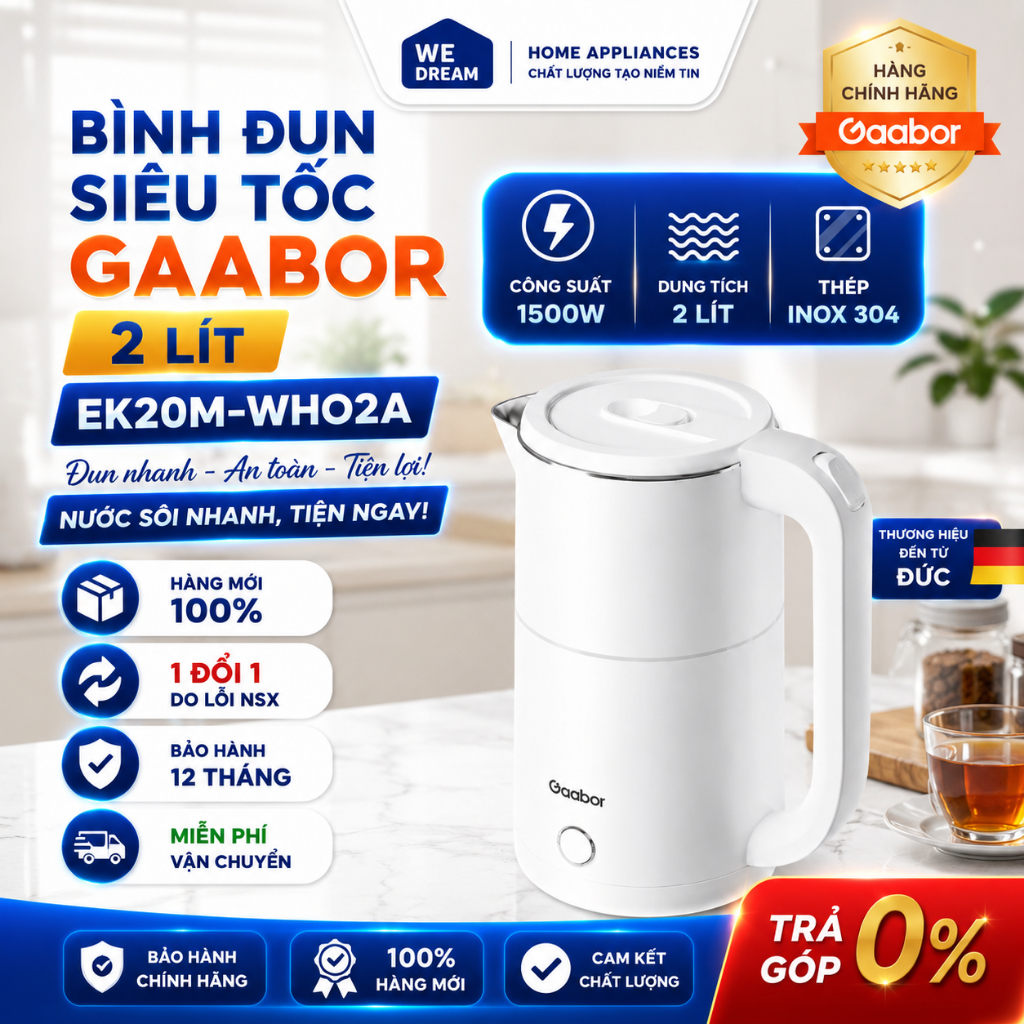 Bình Đun Siêu Tốc Gaabor EK20M-WH02A 2L - Hàng Chính Hãng