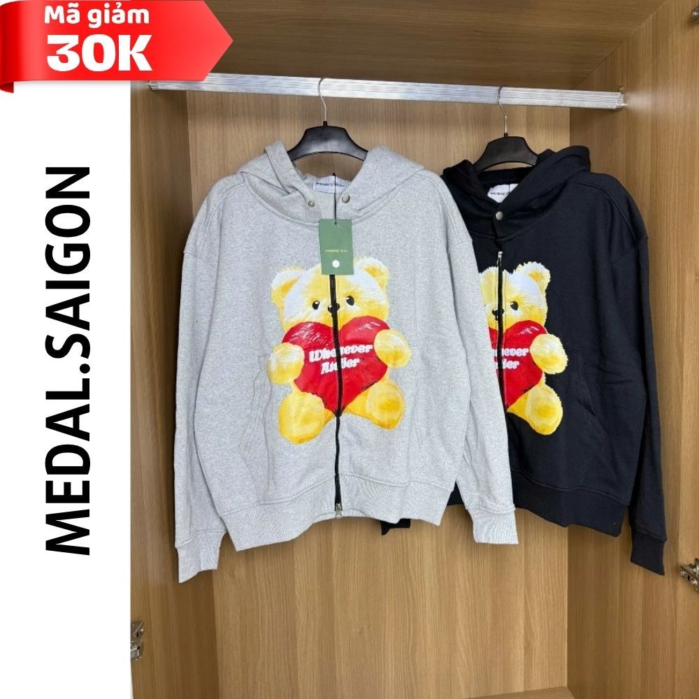 Áo Khoác Hoodie Zip Whenever in Gấu Unisex Nam Nữ, Form Rộng Chất Nỉ Dày Dặn, Phong Cách Sreetwear, 