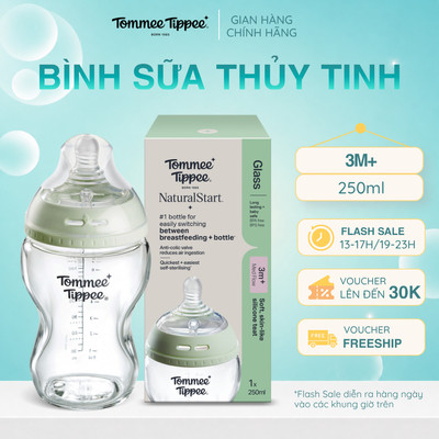Bình Sữa Thủy Tinh Ty Siêu Mềm Tự Nhiên Tommee Tippee Natural Start 250ml - Núm Ty Của Bình 3-6 Tháng