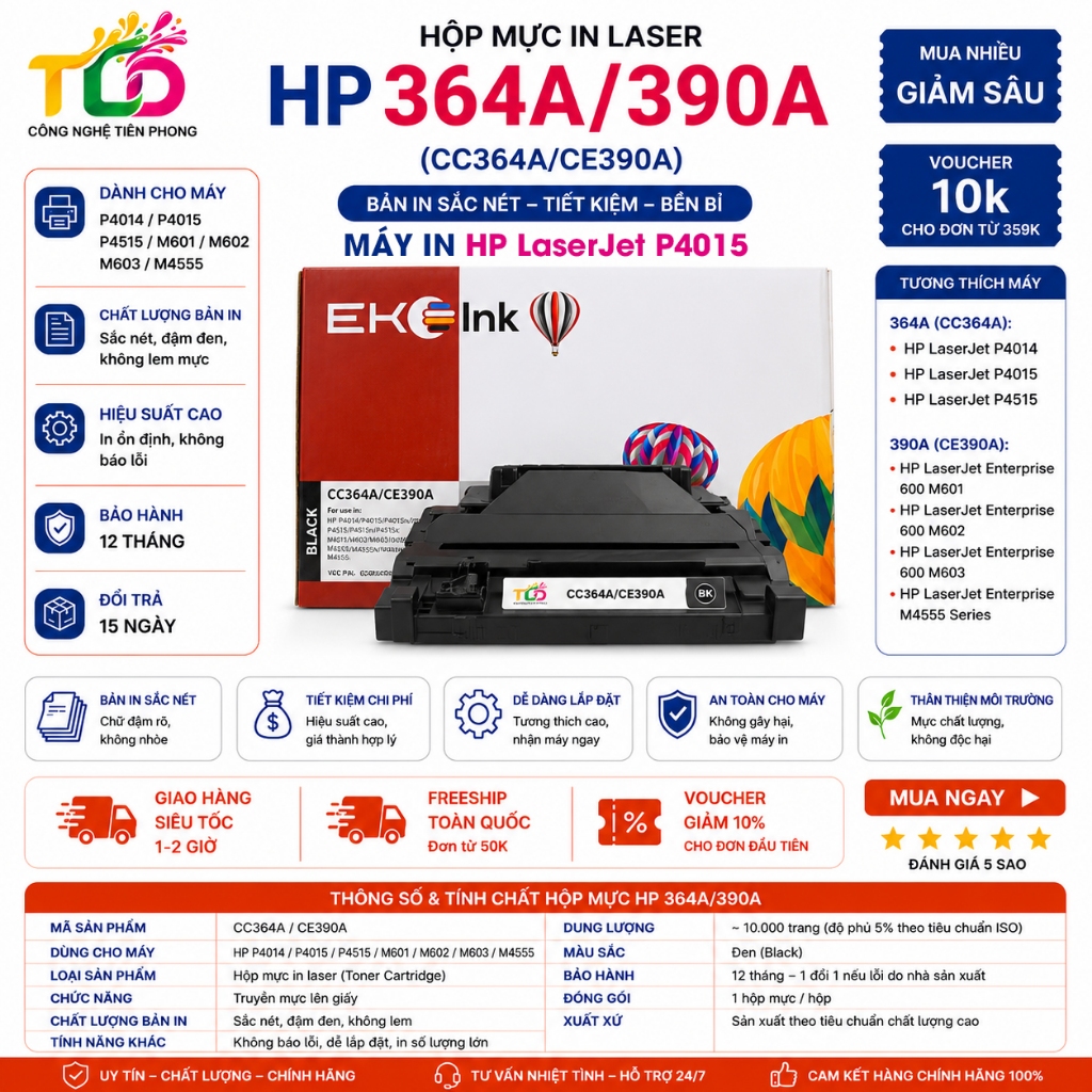 HỘP MỰC IN CHO MÁY HP LaserJet P4015 - CC364A - CE390A BẢN IN SẮC NÉT - HIỆU SUẤT CAO - HÀNG CHUẨN C